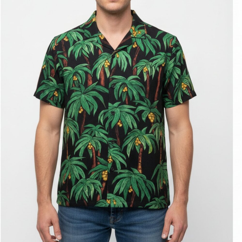 Malibu Men's Size S Coconut Summer Beach Tree Print Short Sleeve Green Shirt NEW